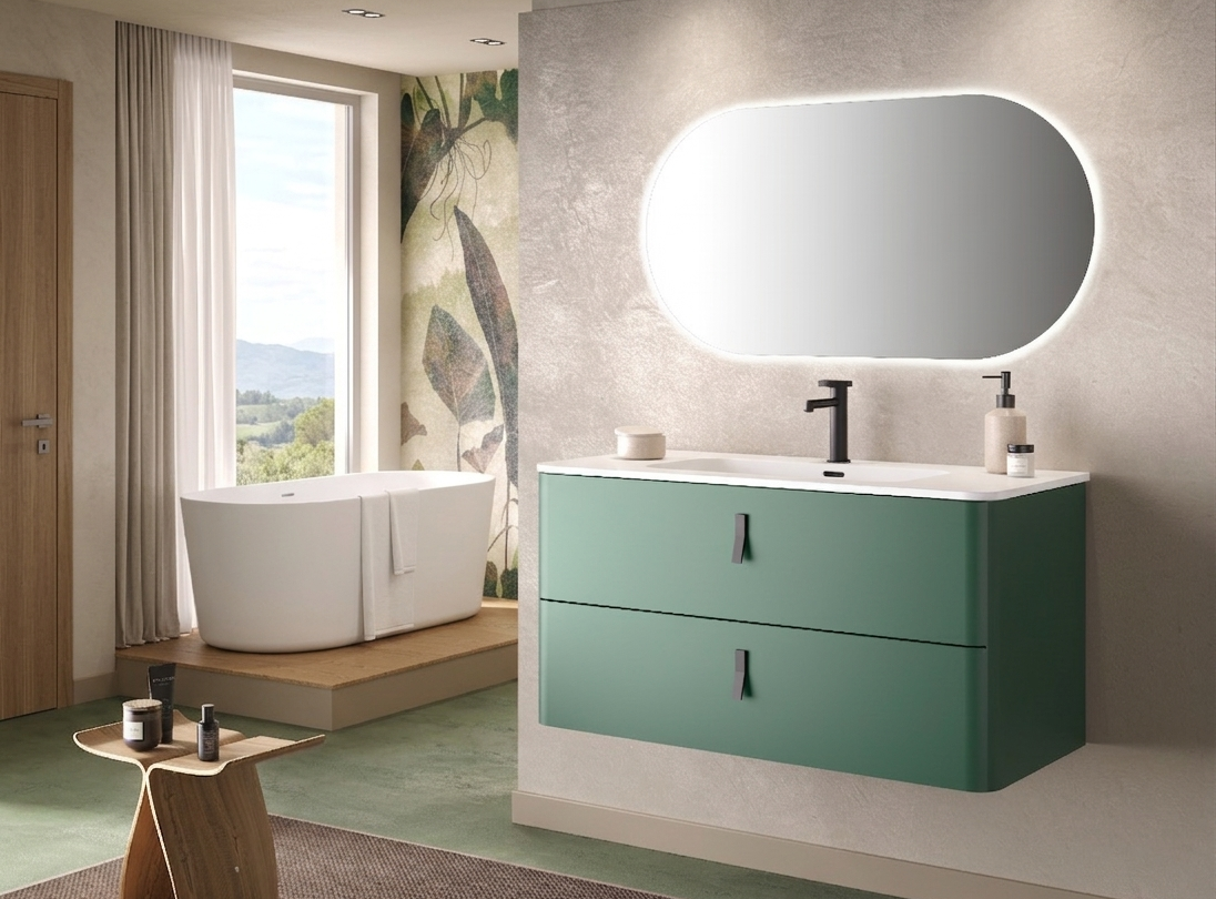 Base portalavabo NOVA1 in Verde Opaco con lavabo piatto in Solid Surface