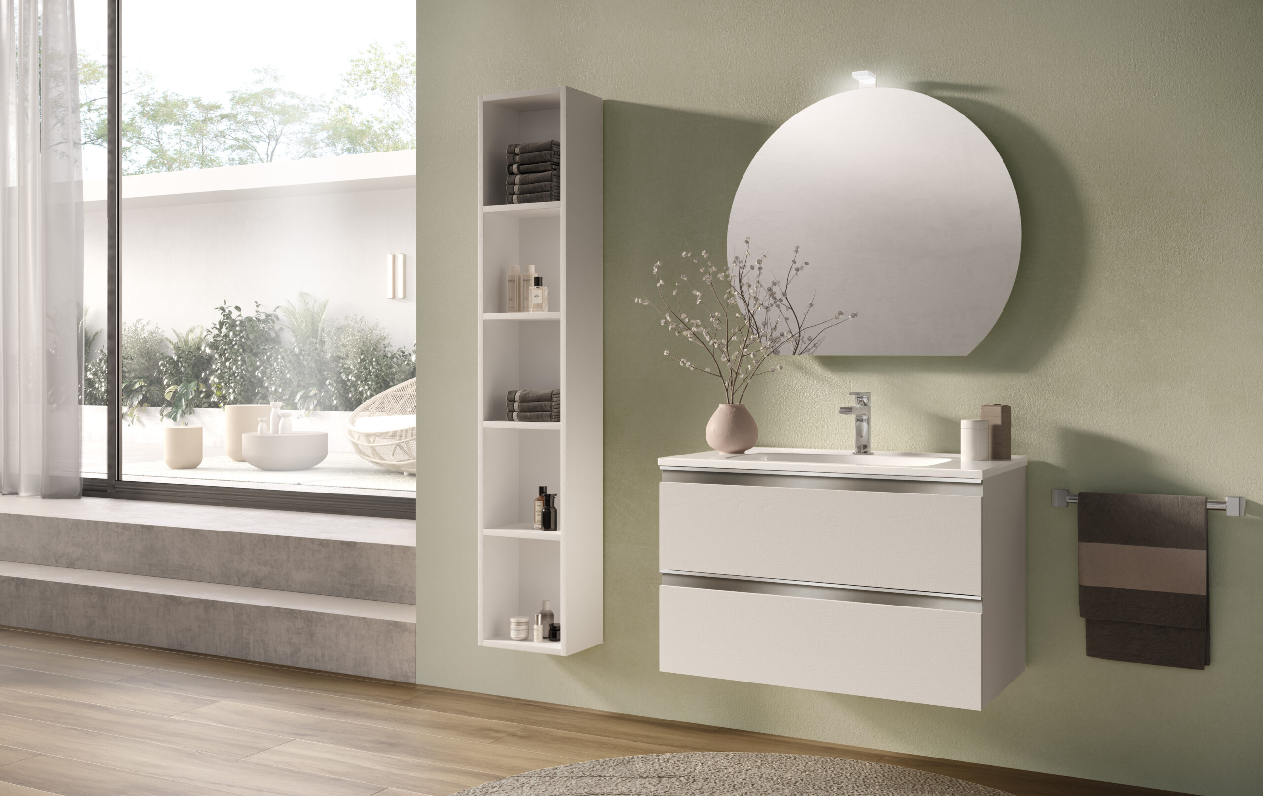 Base portalavabo ANGELA3 in finitura Bianco Nordico con maniglia a profilo in metallo e specchiera retroilluminata