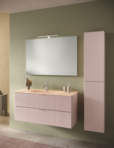 Composizione bagno LINE con lavabo in vetro satinato Rosa Opaco, base portalavabo cipria opaco