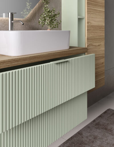 Particolare base portalavabo LINE con lavabo da appoggio rettangolare
