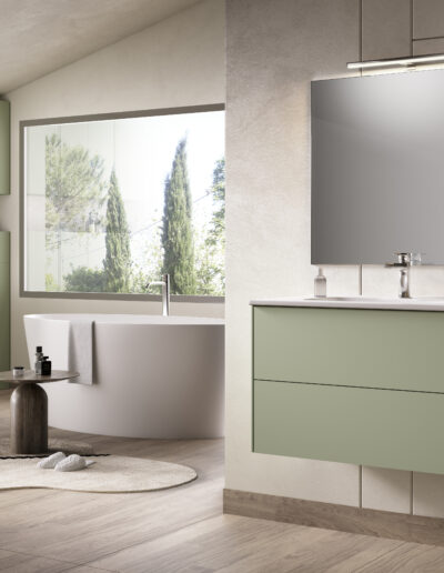 composizione bagno SLIM1 verde salvia con cassetto push and pull e parete attrezzata con colonne doppie e pensili