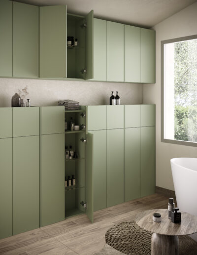 particolare della parete attrezzata SLIM con fianco ridotto in mdf in verde salvia