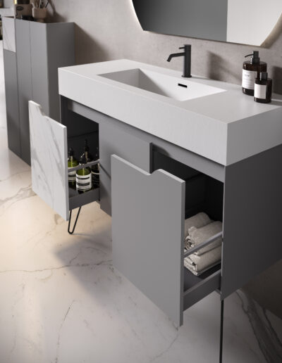 Particolare della base portalavabo SLIM2 con due cassetti aperti e lavabo TOP in Solid Surface.