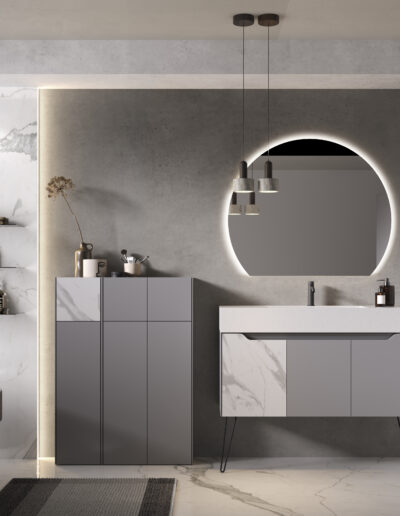 SLIM2 configuration featuring a 120-cm SLIM2 vanity base in Light Gray and a contrasting front panel in White Carrara Marble, with a matching wall unit.