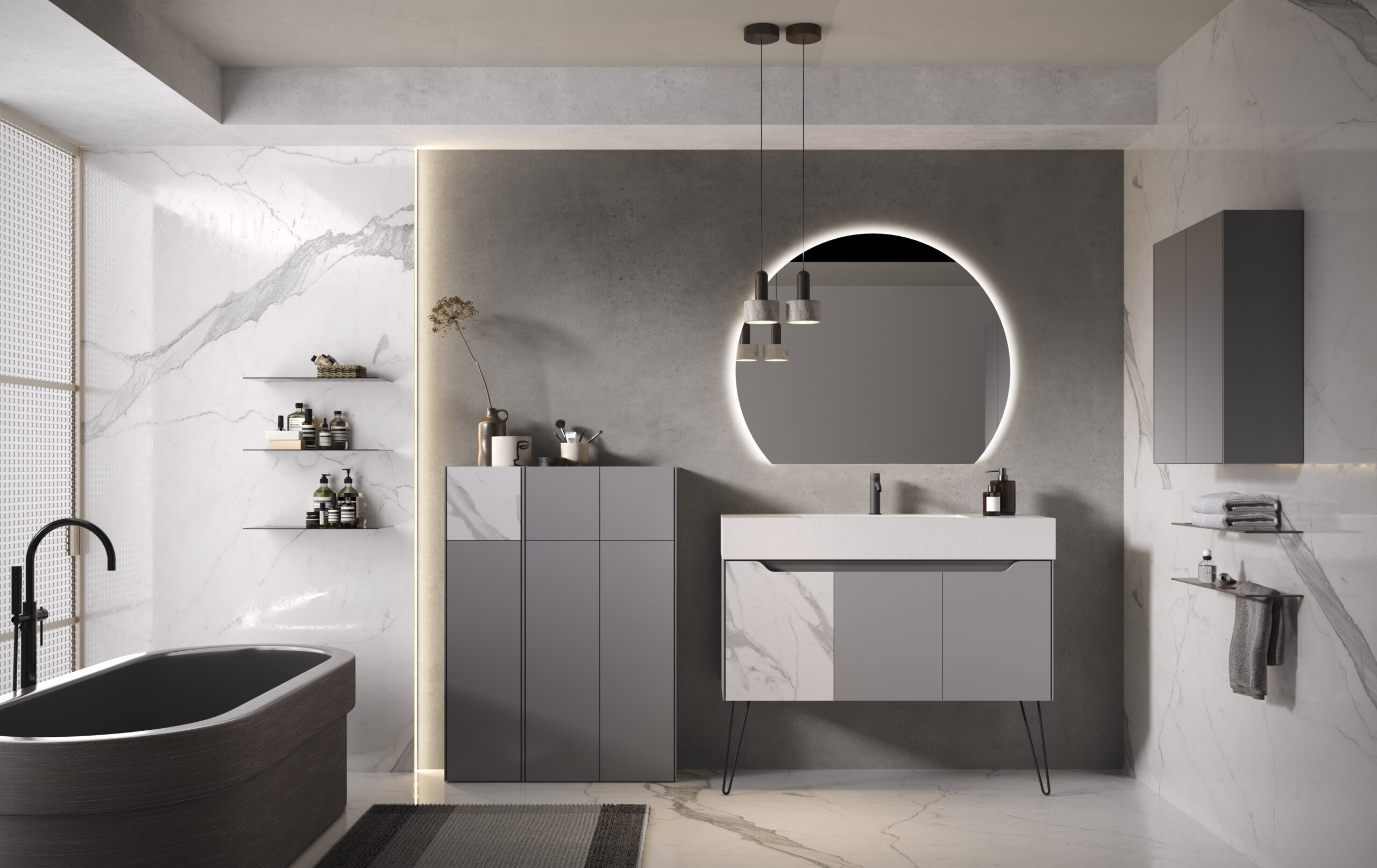 Composizione SLIM2 con base portalavabo SLIM2 da 120cm in Grigio Chiaro e frontale a contrasto in Marmo Bianco Carrara con parete attrezzata a colore.