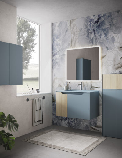 Composizione SLIM2 in Carta da Zucchero opaco con antina in Rovere Chiaro con colonna doppia e pensile doppio