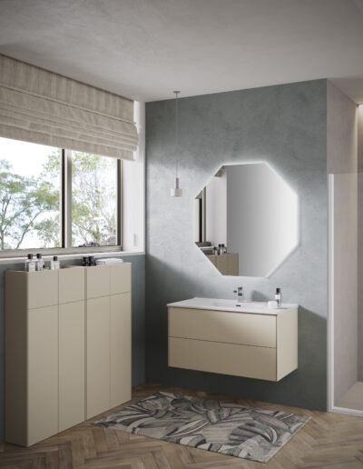 Composizione 100cm SLIM1 Sabbia opaco con cassetto push and pull e con parete attrezzata con colonne doppie