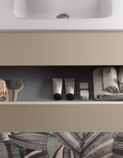 Particolare Composizione 100cm SLIM1 Sabbia opaco con cassetto push and pull e con parete attrezzata con colonne doppie